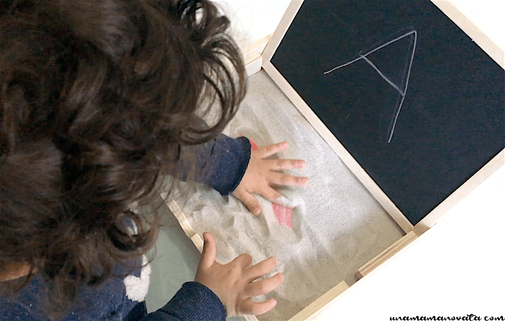 Nota. Losada, T. (2018, 19 julio). Aprender a escribir con Montessori: la bandeja de arena | unamamanovata. Una Mamá Novata. https://www.unamamanovata.com/2018/02/01/montessori-bandeja-de-arena/